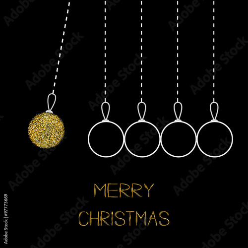Hanging christmas balls. Dash line. White line and gold glitter. Perpetual motion. Black background.