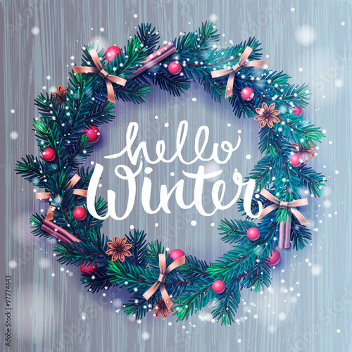 Hello winter background, Christmas wreath
