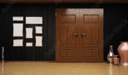 3d illustration of an interior hallway with a large number of objects  paintings  vases . The interior has a superior wood materials.