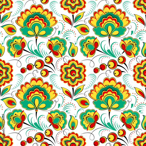 Floral seamless pattern in Russian folk style. Flowers and berries on white background