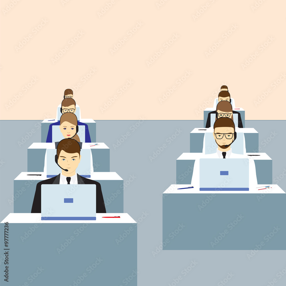 Men and women working in a call center. Support service. Men and women working in a call center. Support service.