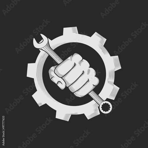 Car or bike repair shop logo template (concept). The wrench in the hand and gear combined in vector sign. Vector illustration.