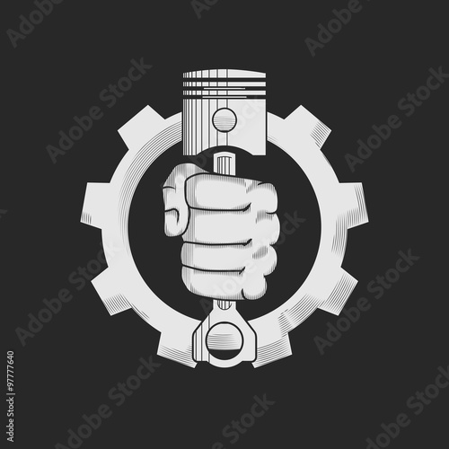 Car or bike repair shop logo template (concept). Car engine pistons in the hand and gear combined in vector sign. Vector illustration. 