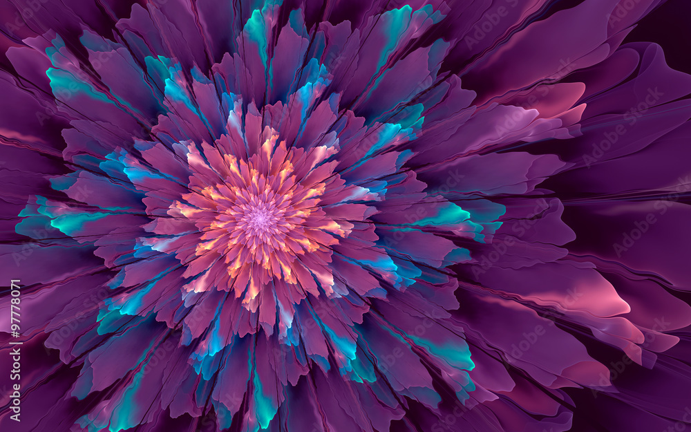 Abstract fractal background, glossy violet flower with cyan and yellow highlights Abstract fractal background, glossy violet flower with cyan and yellow highlights