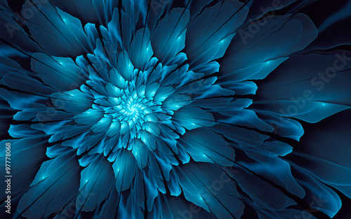Abstract fractal background, glossy blue spiral with glowing core