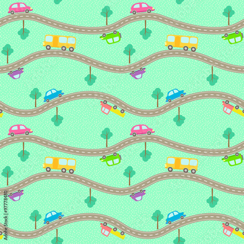Seamless pattern with  roads and cars.
