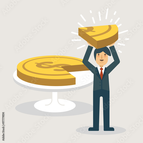 A businessman showing a piece of money. Marketing concept illustration.