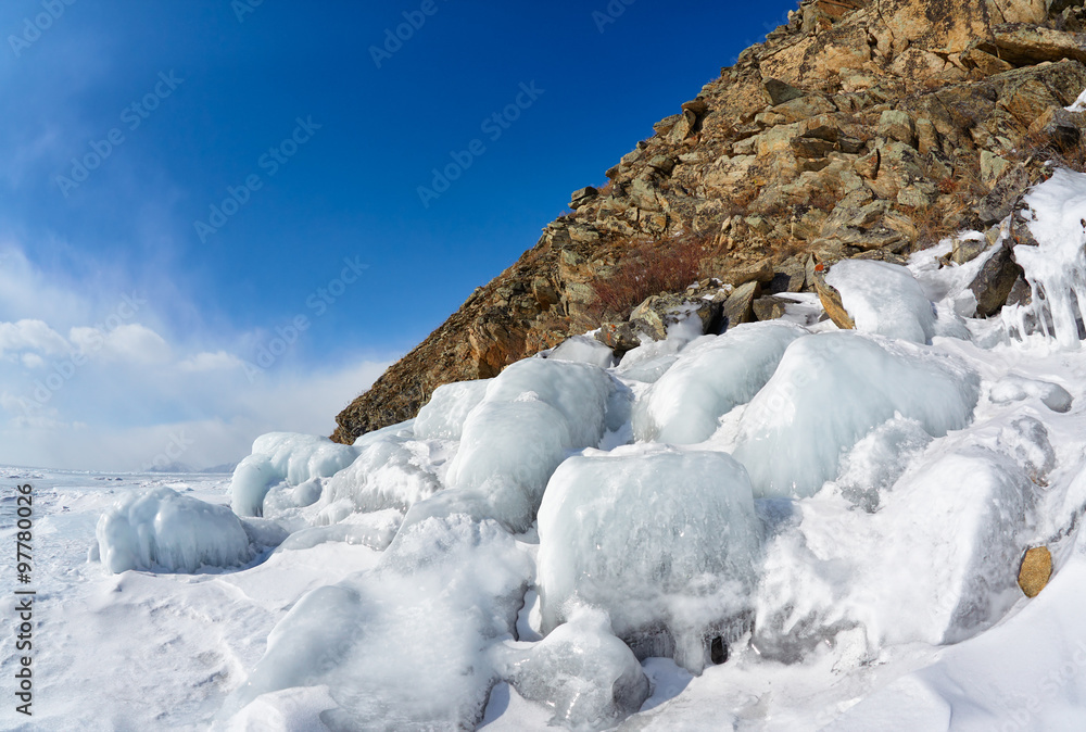 custom made wallpaper toronto digitalRocks covered by ice on winter siberian Baikail lake