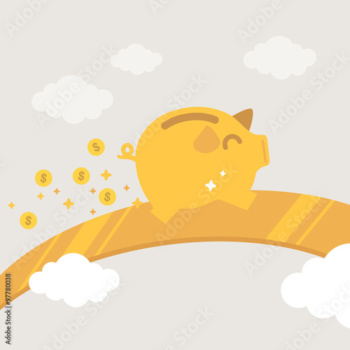 Golden piggy bank run on the wealthy road. Investment concept cartoon illustration