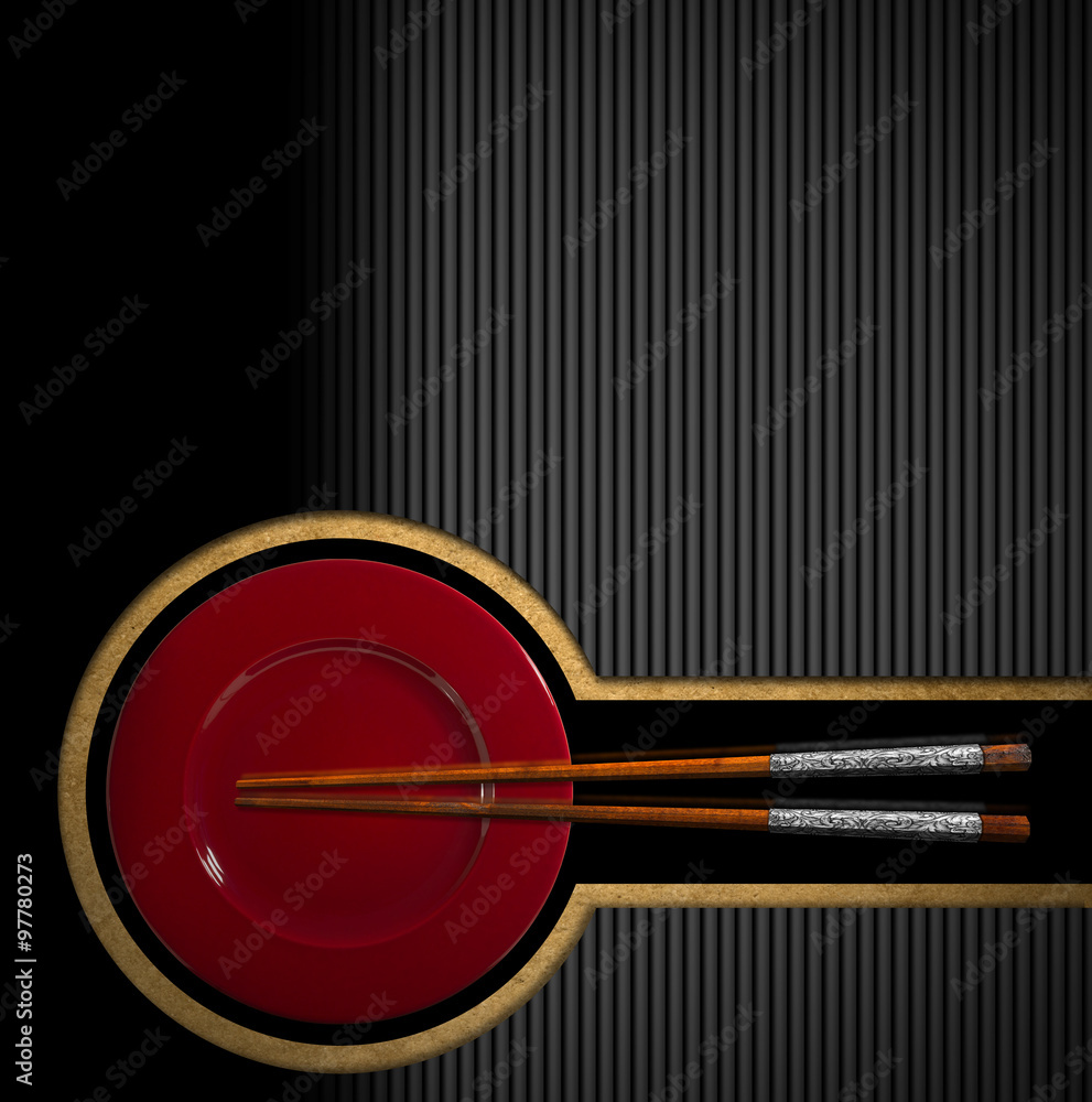 Asian Menu with Wooden Chopsticks / Template for an Asian menu with wooden and silver chopsticks and red plate. On a yellow, black and grey background Asian Menu with Wooden Chopsticks / Template for an Asian menu with wooden and silver chopsticks and red plate. On a yellow, black and grey background