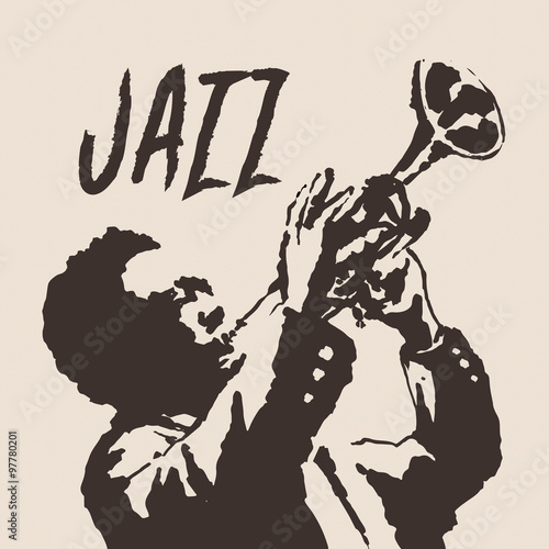 JAZZ  man playing the trumpet, music vintage illustration, engraved retro style