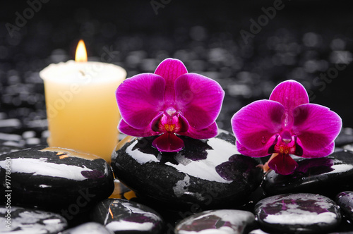 Beautiful red orchid with yellow candle and therapy stones 