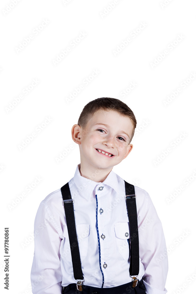Smiling little boy holding wearing costume with braces.Happy little boy over white background.Smiling, Happy, Joyful beautiful little boy , looking at camera. Smiling little boy holding wearing costume with braces.Happy little boy over white background.Smiling, Happy, Joyful beautiful little boy , looking at camera.
