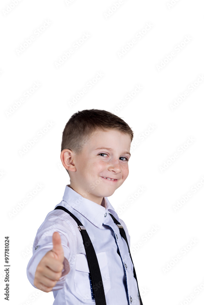 Little boy with thumb up gesture isolated over white background.Portrait of confident happy little boy showing thumbs up gesture wearing costume isolated over white Little boy with thumb up gesture isolated over white background.Portrait of confident happy little boy showing thumbs up gesture wearing costume isolated over white