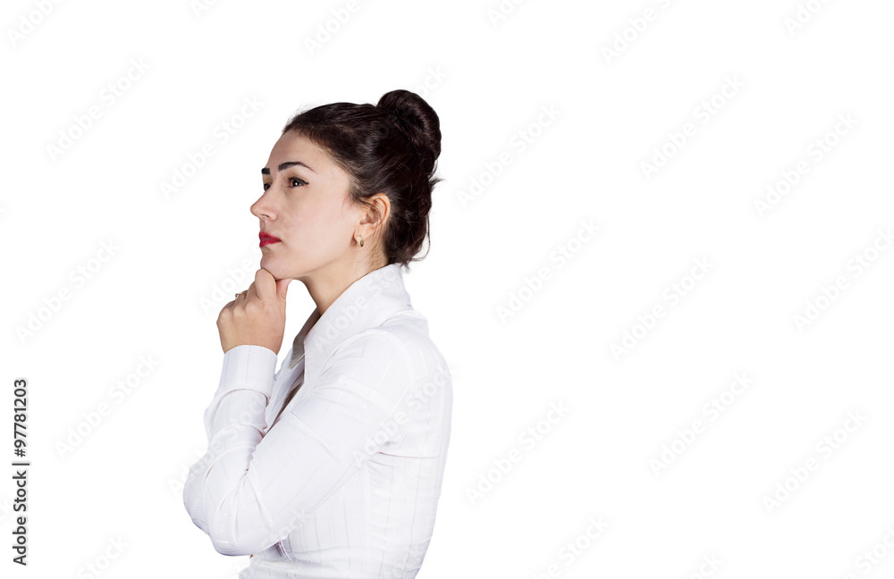 Business thinking woman isolated on white background.Thinking woman isolated on white background looking up. Business thinking woman isolated on white background.Thinking woman isolated on white background looking up.