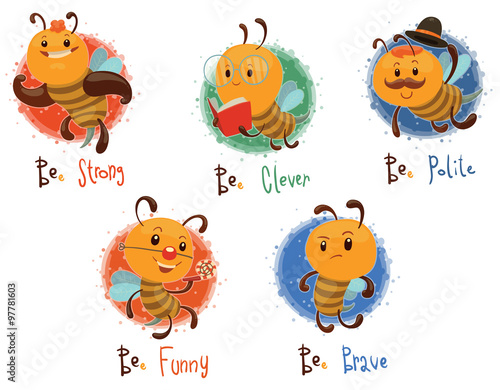Vector Set of bees. Cartoon image of five different funny yellow bees in various poses on a light background.