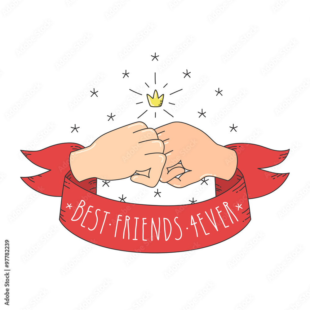 Best friends forever cartoon style fists with crown and red ribbon. Hands  vector illustration. Stock Vector | Adobe Stock
