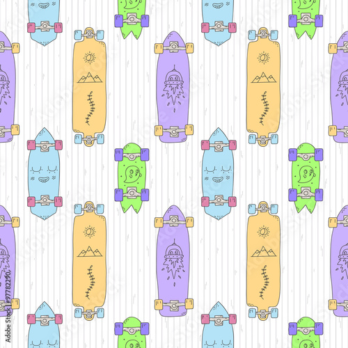 Skateboards and longboards cartoon style vector seamless pattern (orange, purple, blue, green). Colorful illustration.