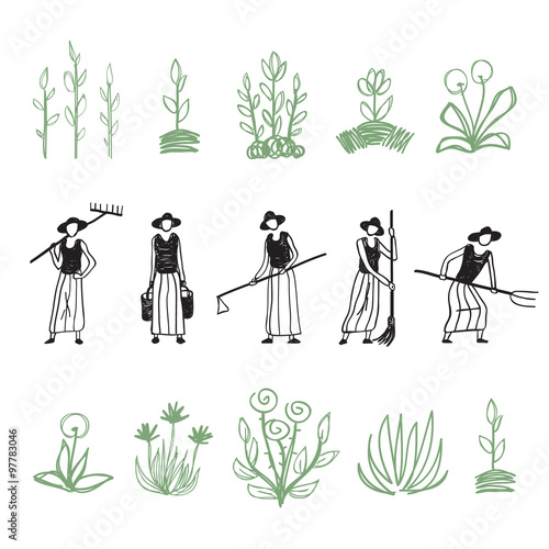 Hand drawn farming women