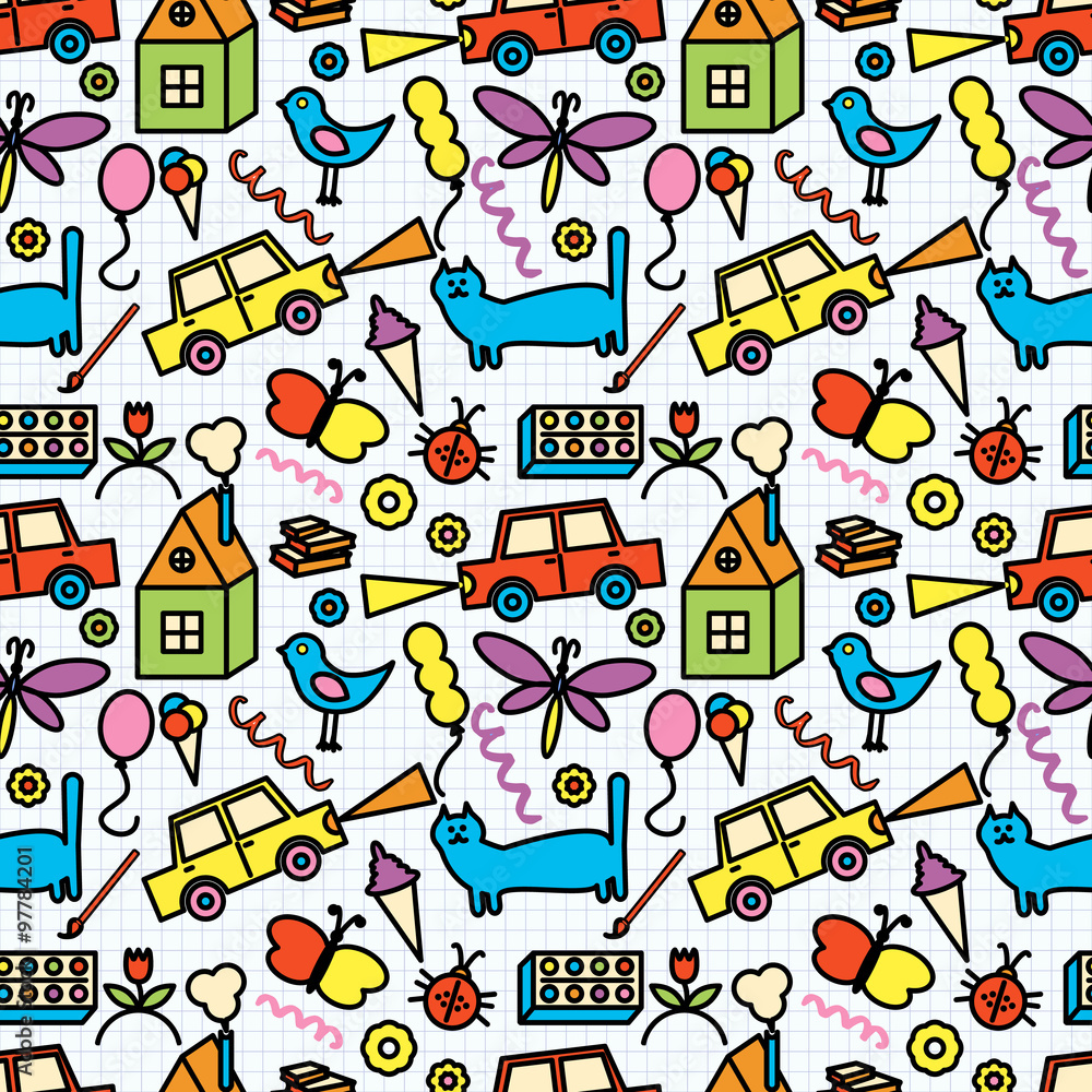 Naklejka premium Seamless pattern, drawn in a childlike style.