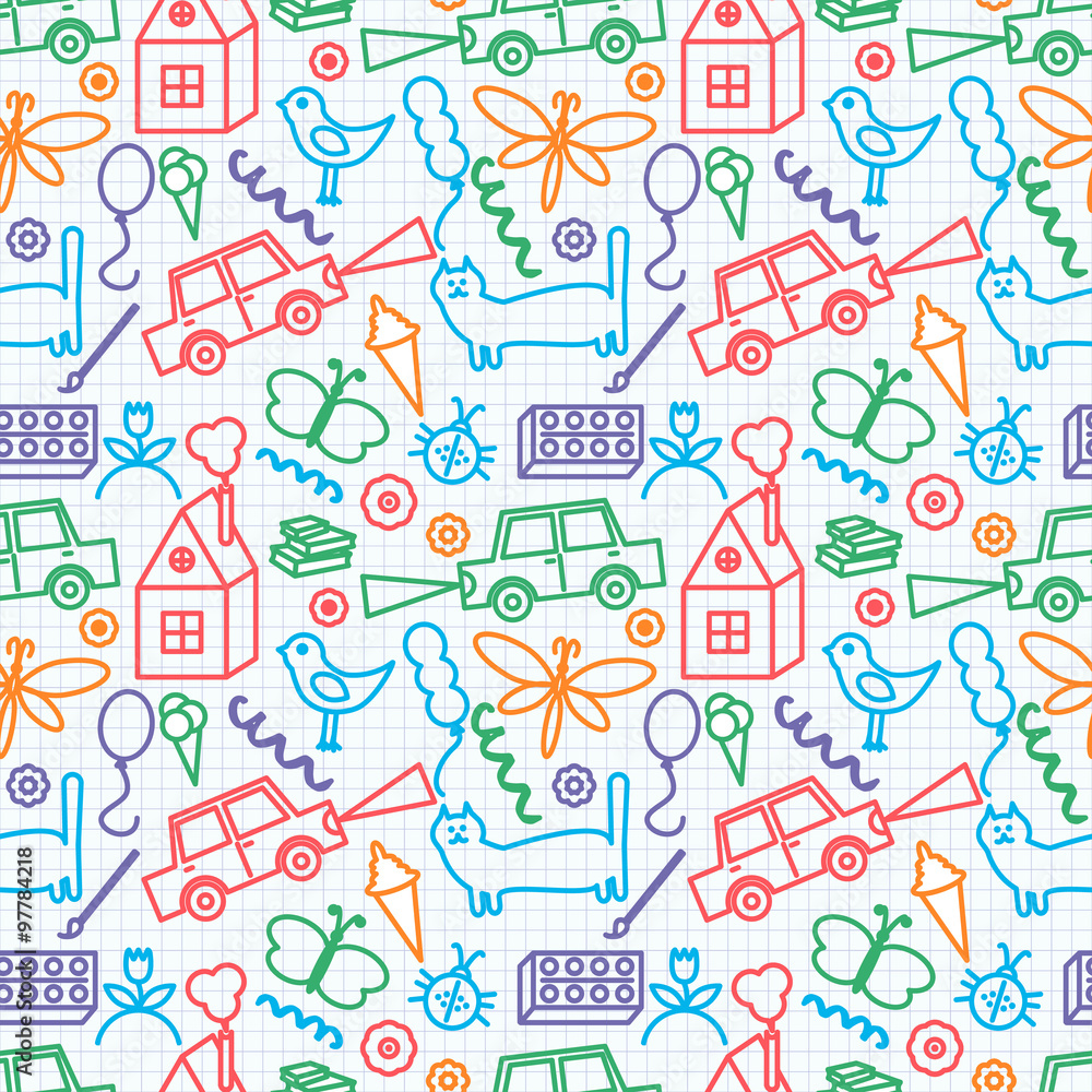 Seamless pattern, drawn in a childlike style. Seamless pattern, drawn in a childlike style.