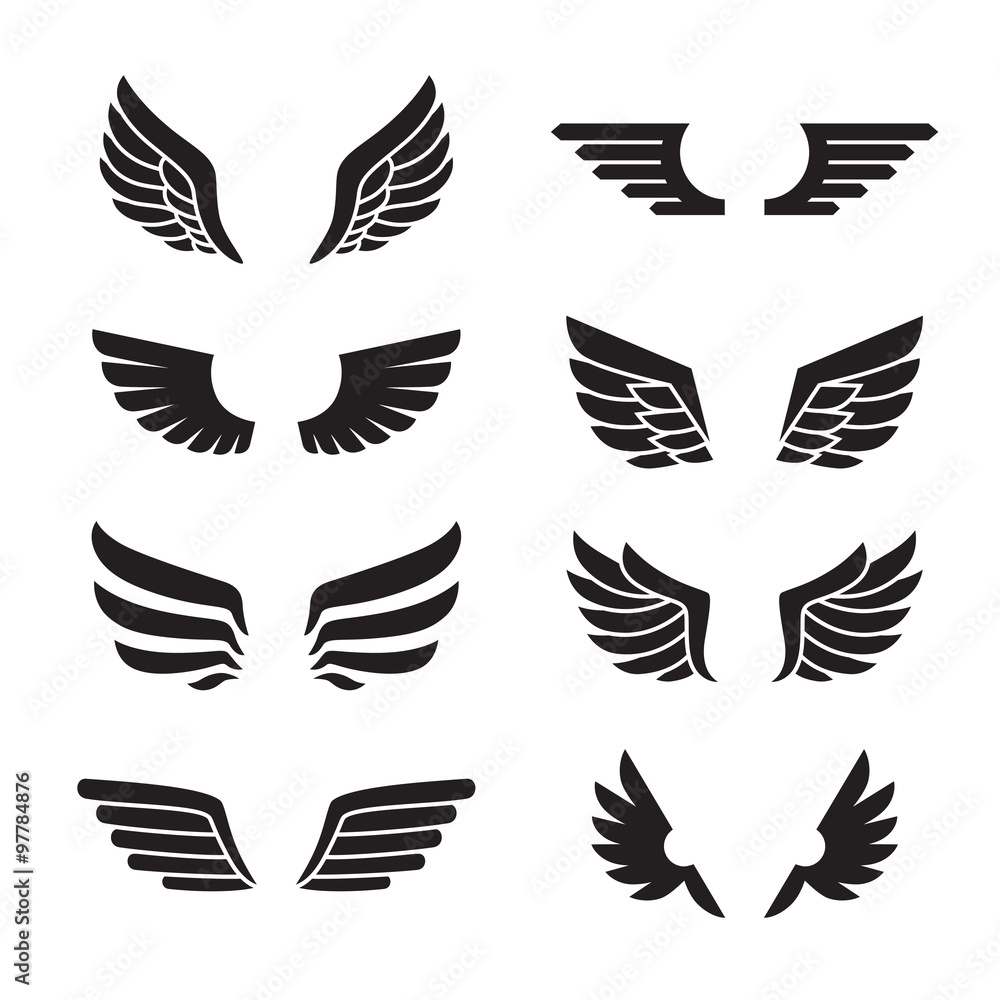 Wings black icons vector set. Modern minimalistic design. - obrazy, fototapety, plakaty 