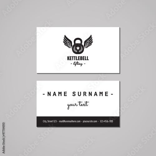 Sport & fitness vintage business card design concept. Sport logo with kettle bell and wings. Vintage, hipster and retro style. Black and white.