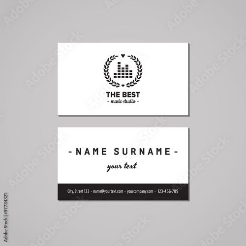 Music studio business card design concept. Music studio logo with musical visualization and wreath. Vintage, hipster and retro style. Black and white.
