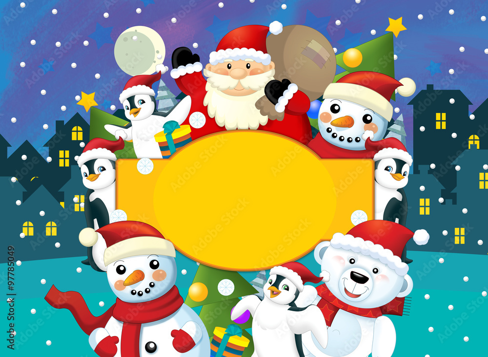 Christmas happy scene with different animals and santa - illustration for the children Christmas happy scene with different animals and santa - illustration for the children