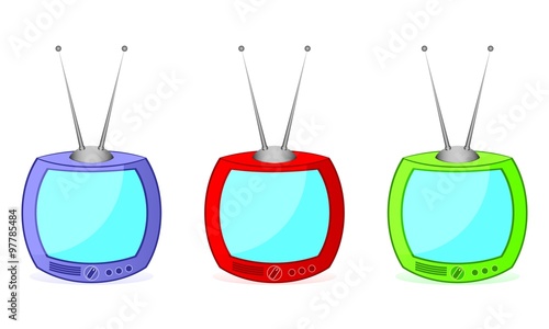 Varicoloured television sets.