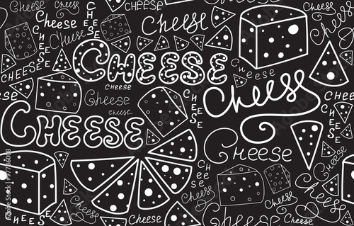 Food vector seamless pattern with cheese slices and words "Cheese" handwritten with chalk on a grey board. Endless food and drink texture