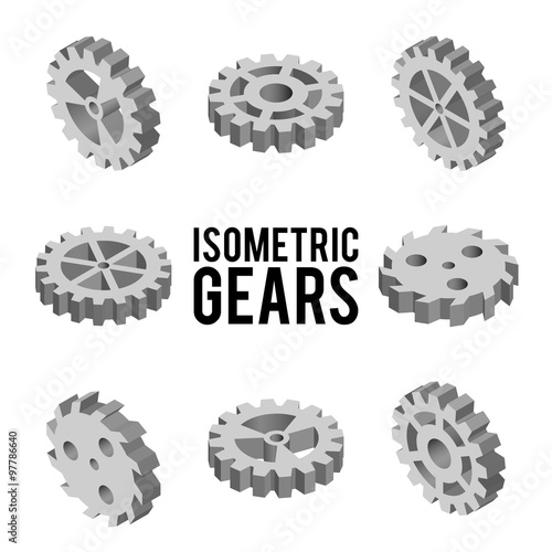 Set of eight isometric gears isolated on a white background. Isometric vector illustration. Set of 3D techno icons. Details of the mechanism. Engineering concept