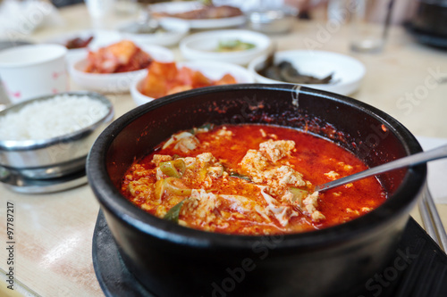 "Sundubu jijae", Korean spicy soup with tofu in a hot pot