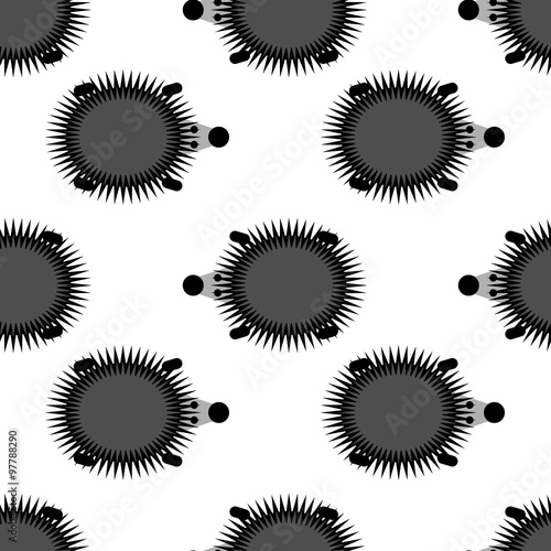 Seamless vector pattern with animals, black and white background with hedgehogs, over white backdrop.