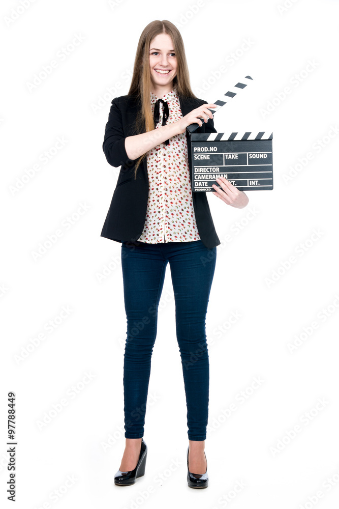 Beautiful smiling woman holding a movie clapper. Beautiful smiling woman holding a movie clapper.