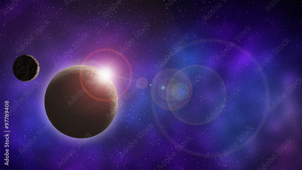 Fototapeta premium Universe and space planet with moon at sunrise.