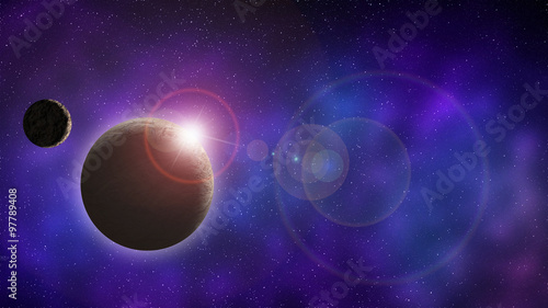 Fototapeta Naklejka Na Ścianę i Meble -  Universe and space planet with moon at sunrise.