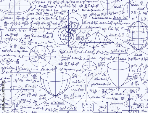 Scientific vector seamless pattern with handwritten mathematical equations, formulas, plots, figures and calculations