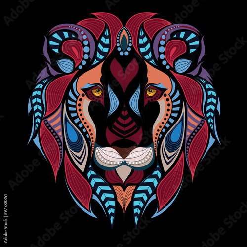 Fototapeta Naklejka Na Ścianę i Meble -  Patterned colored head of the lion. African / indian / totem / tattoo design. It may be used for design of a t-shirt, bag, postcard and poster.