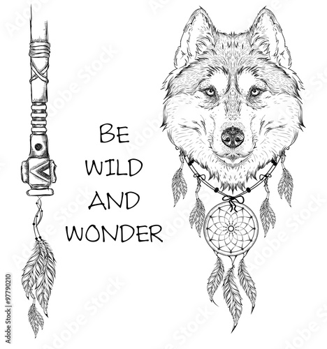 animal hand drawn illustration, wolf indian warrior, native american poster.  Hand draw vector illustration