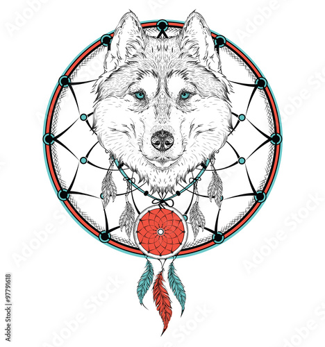 animal hand drawn illustration, wolf indian warrior, native american poster.  Hand draw vector illustration