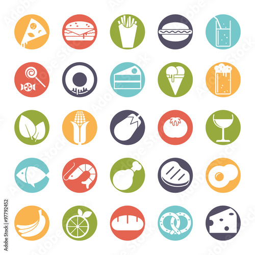 Food solid round color icons vector set