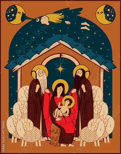 Adoration of the Magi. Holy Family and Christmas angel