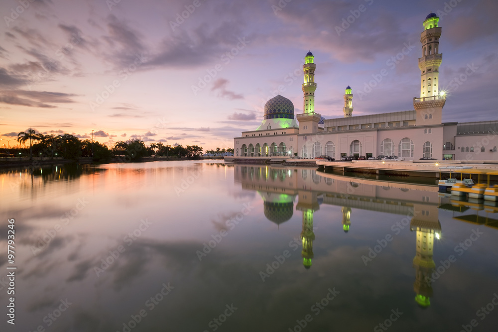 Kota Kinabalu City Mosque during sunset at Borneo Sabah, Malaysia. soft focus blur