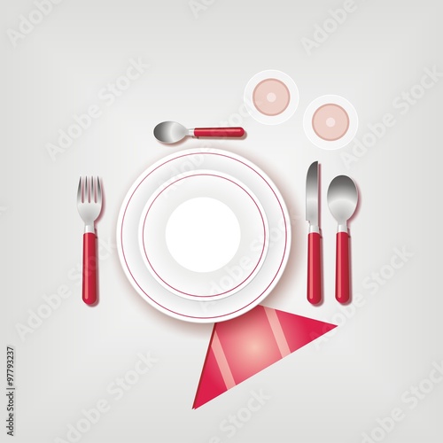 Plato, vaso y cubiertos con detalles en color rojo. Ilustración vectorial
