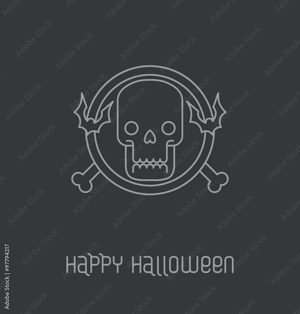 Vector image of round emblem with bats, bones and skull at the center in the outline style on a deep gray background. In the theme of Halloween.