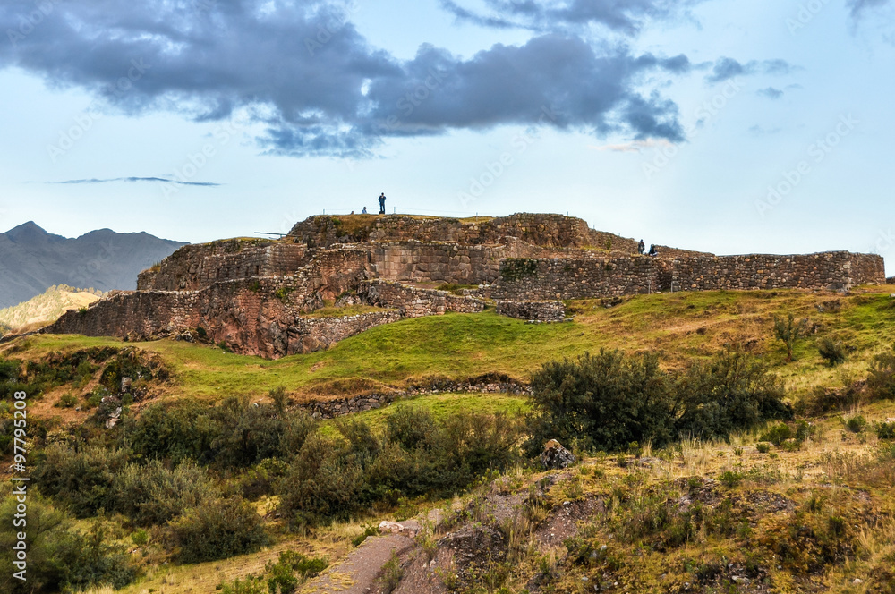 View of the ruins of the fortress of Puka Pukara in Cusco, Peru