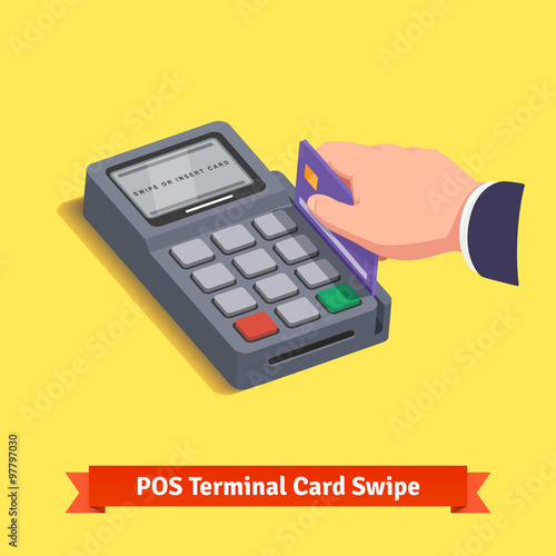 POS terminal transaction. Hand swiping credit card