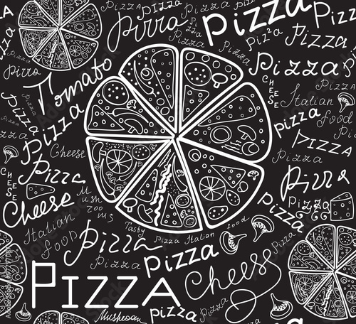 Food vector seamless pattern with pizza slices and words "Pizza", handwritten by chalk on grey board, vector