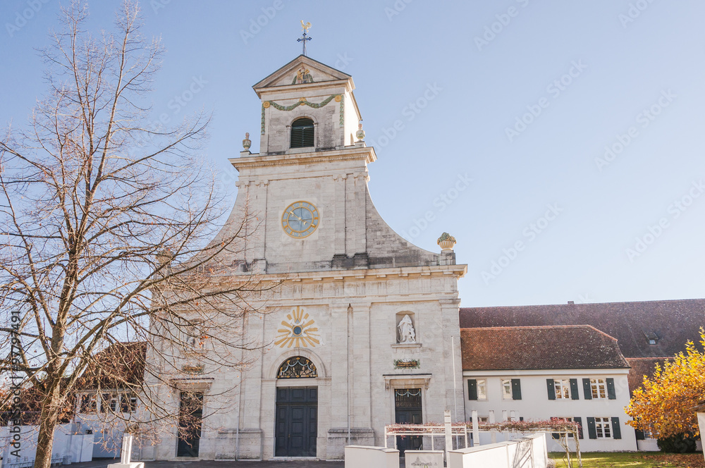 Mariastein, Dorf, Kloster-Kirche, Kloster Mariastein, Kirchturm, Ausflug, Wintersonne, Winter, Baselbiet, Schweiz